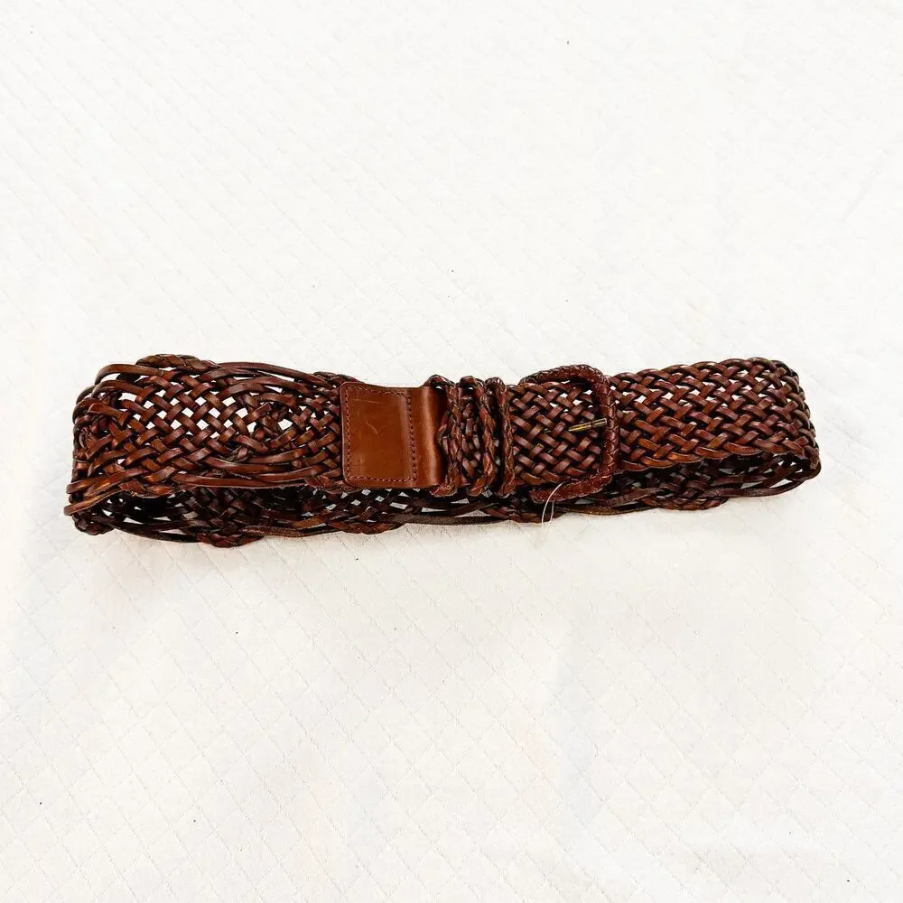 Lands End Brown Chocolate Leather Braided Belt Size 26
